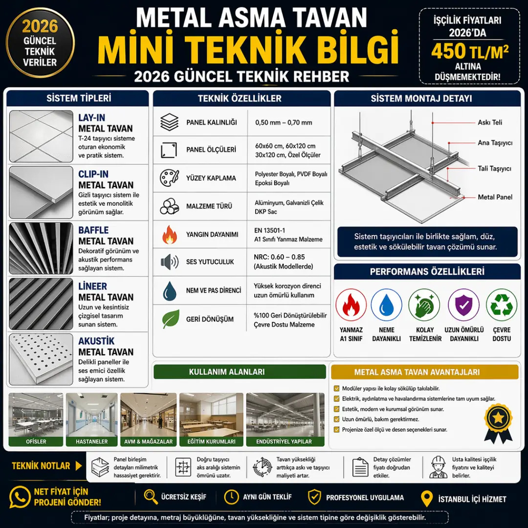 Metal asma tavan mini teknik bilgi görseli 2026 sistem tipleri panel kalınlığı ölçüler yangın dayanımı ses yutuculuk montaj detayları İstanbul&nbsp;