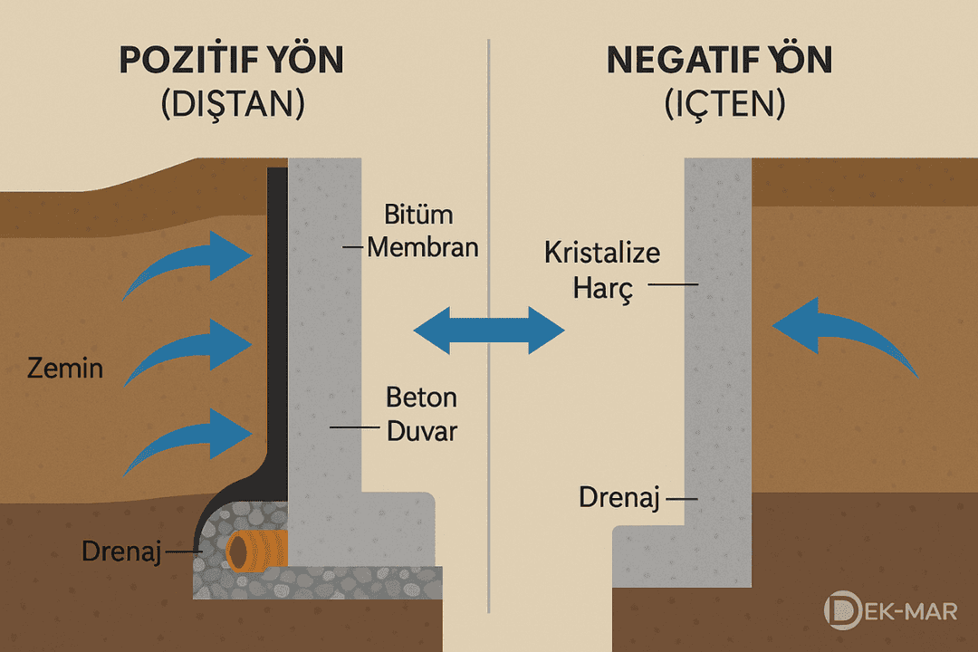 Pozitif ve negatif bodrum perde izolasyonu farkı – dıştan ve içten su yalıtımı karşılaştırmalı kesit.