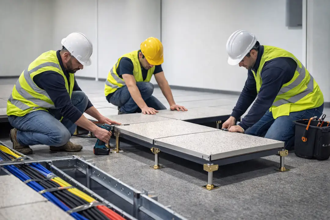 İzmir yükseltilmiş döşeme uygulama süreci ayak montajı ve panel yerleşimi saha çalışması