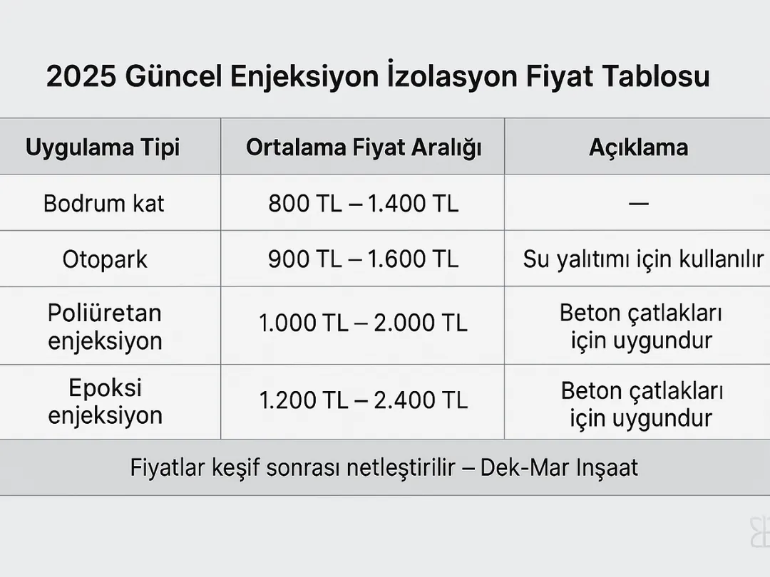 Enjeksiyon izolasyon fiyat tablosu 2025 – poliüretan, epoksi ve jel enjeksiyon m² ve kg bazlı fiyat rehberi.