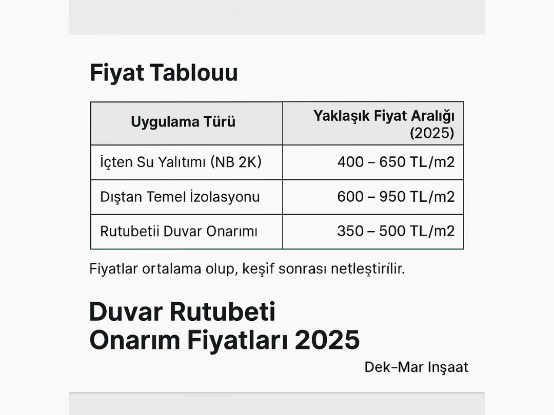 Duvar rutubeti onarım fiyatları 2025 – içten ve dıştan su yalıtımı m² maliyetleri – Dek-Mar İnşaat.