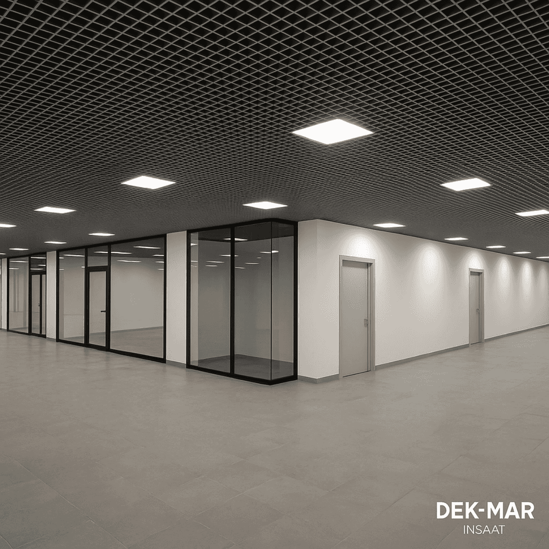 Dek-Mar İnşaat tarafından tamamlanmış 600x600 – 10x10 kare petek tavan referans projesi. 