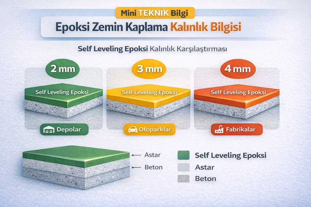 Epoksi zemin kaplama kalınlık bilgisi 2 mm 3 mm 4 mm kullanım alanlarına göre teknik karşılaştırma