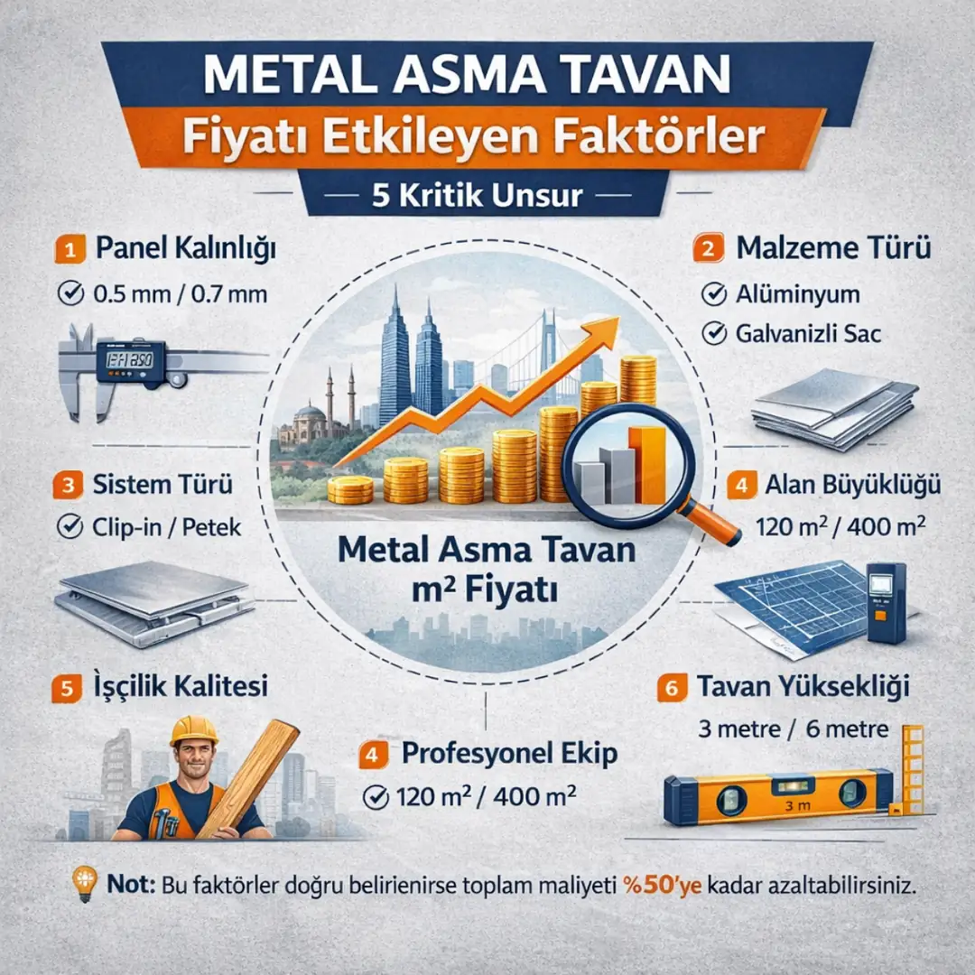 Metal asma tavan fiyatını etkileyen faktörler panel kalınlığı malzeme türü işçilik alan büyüklüğü İstanbul 2026
