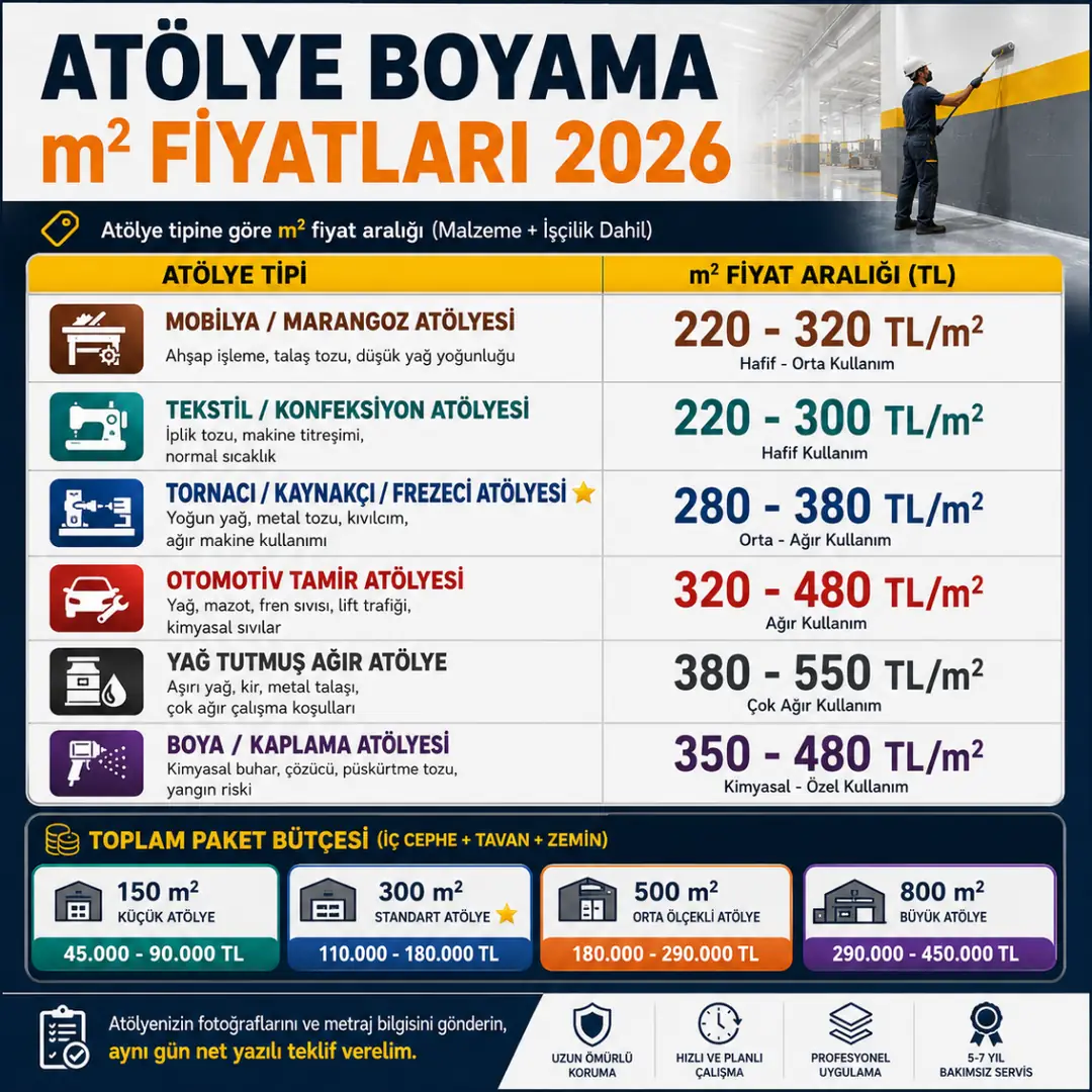 Atölye boyama fiyatları 2026 mobilya tekstil otomotiv ve metal işleme m2 maliyet tablosu&nbsp;