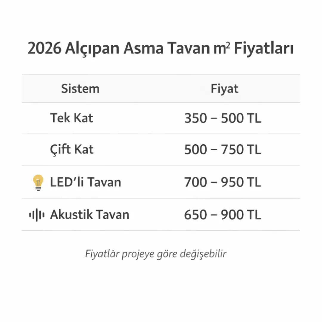 2026 alçıpan asma tavan metrekare fiyat tablosu karşılaştırmalı liste