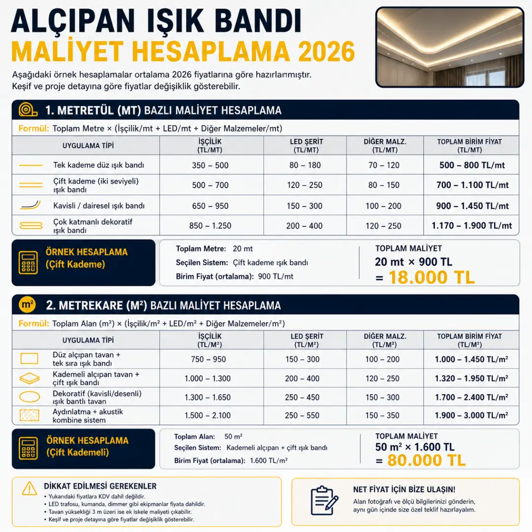 Alçıpan ışık bandı maliyet hesaplama m2 ve metretül örnek hesaplama tablosu&nbsp;