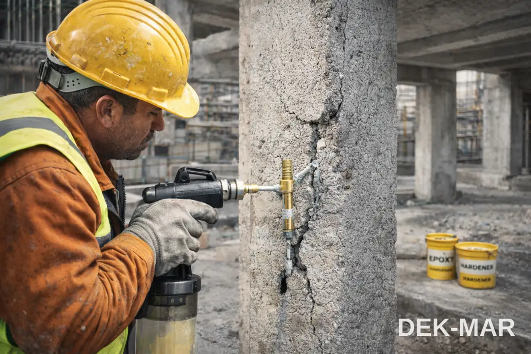 Kolon üzerinde epoksi enjeksiyon uygulaması – paker montajı ve basınçlı enjeksiyon ile beton çatlak tamiri&nbsp;