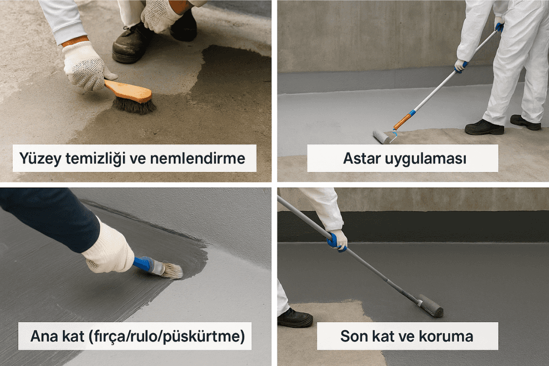 Su yalıtımı uygulama aşamaları: yüzey hazırlığı, astar, ana kat ve son kat. 