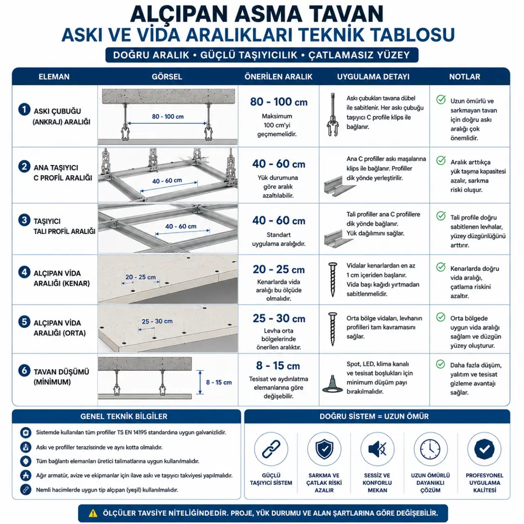 Alçıpan asma tavan askı ve vida aralıkları teknik tablosu&nbsp;
