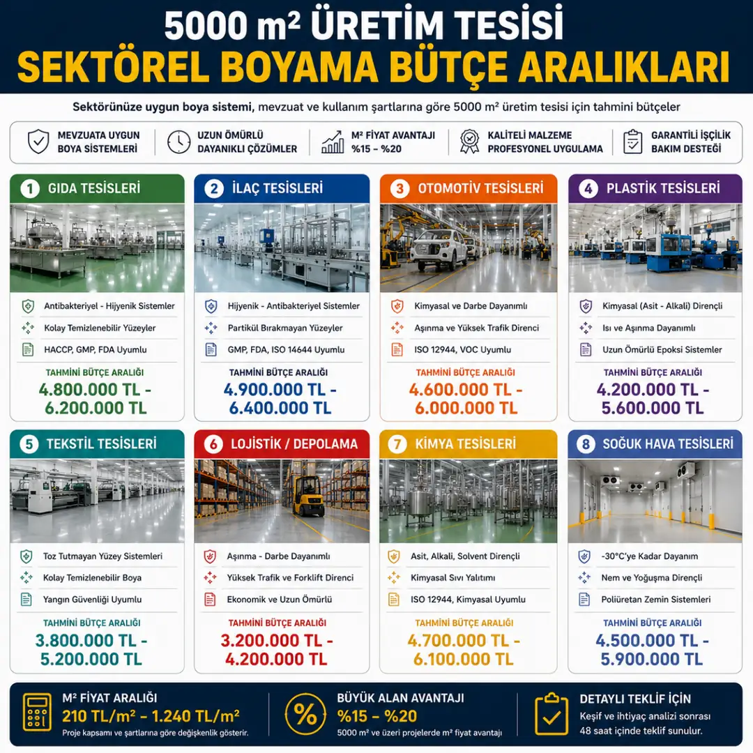 5000 m2 üretim tesislerinde sektöre göre boyama bütçesi karşılaştırması&nbsp;