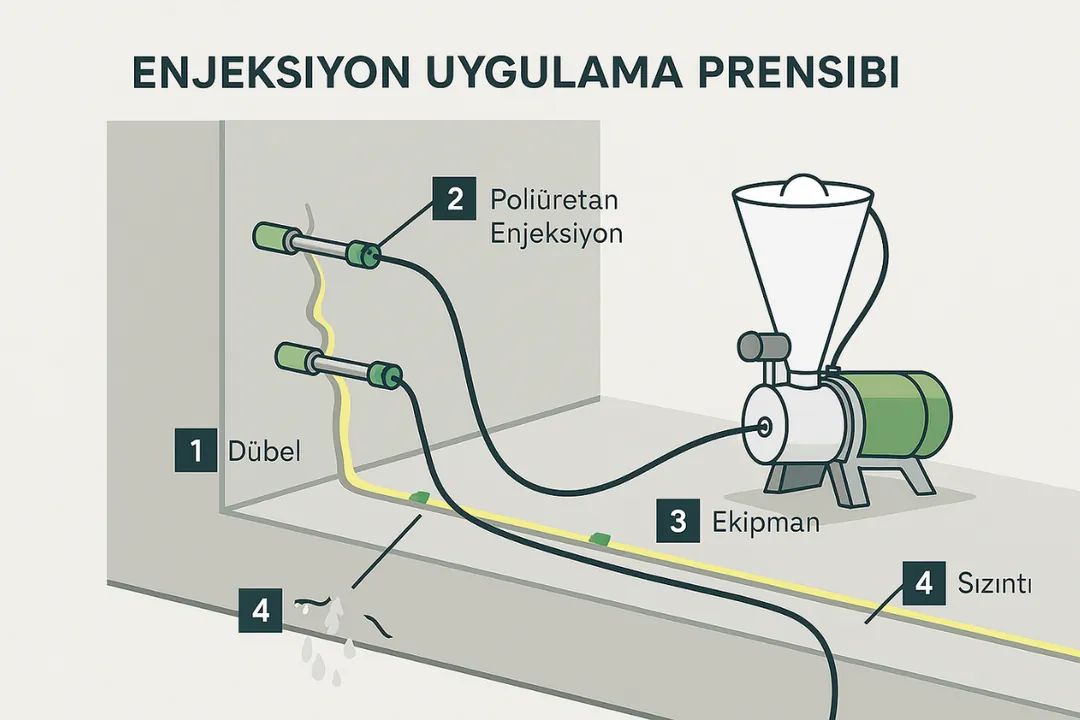 “KÖSTER enjeksiyon uygulama şeması – dübel, poliüretan enjeksiyon hattı ve ekipman ile çatlak yalıtım prensibi görseli” 