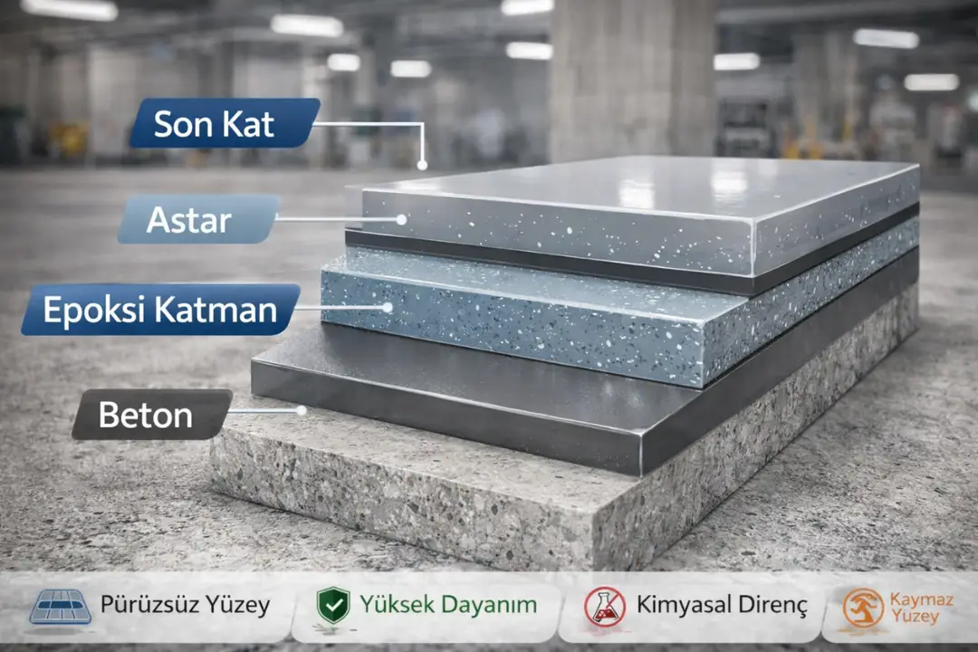 Epoksi zemin kaplama katman yapısı ve kesit detayı&nbsp;