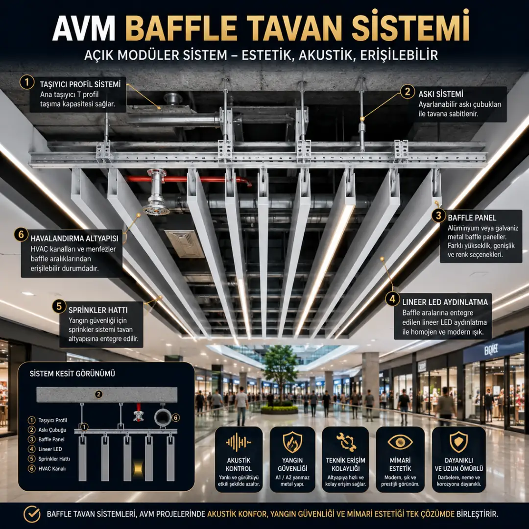 AVM baffle tavan taşıyıcı sistem ve panel teknik kesiti