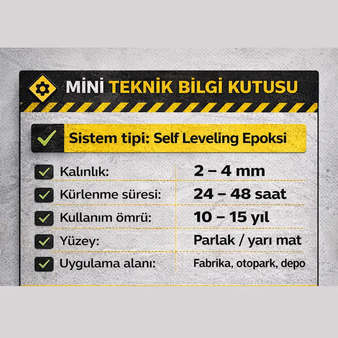 Self leveling epoksi teknik özellikler kalınlık 2-4 mm kürlenme süresi kullanım ömrü ve uygulama alanları detaylı bilgi&nbsp;
