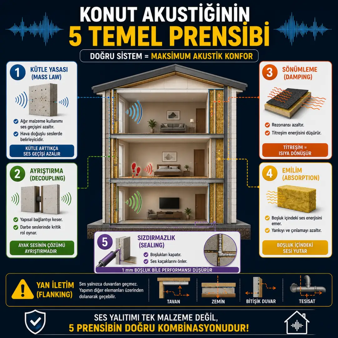 Konut ses yalıtımında kullanılan kütle yasası, ayrıştırma, sönümleme, emilim ve sızdırmazlık prensiplerini gösteren akustik infografik.&nbsp;