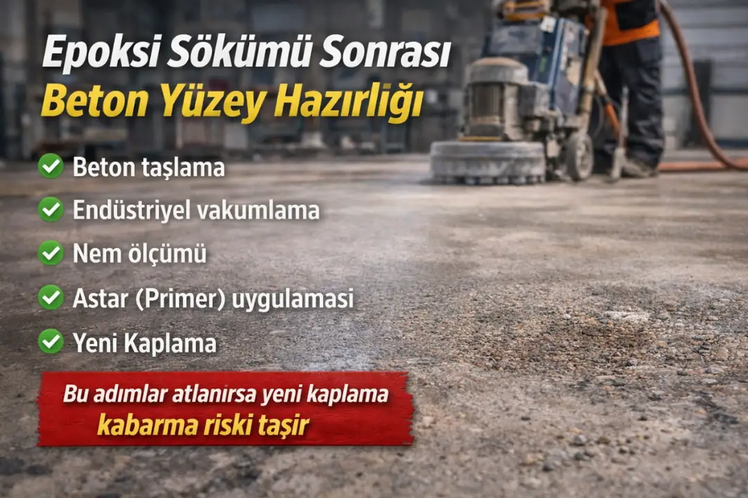 Epoksi sökümü sonrası yeni kaplama için beton yüzey hazırlığı&nbsp;