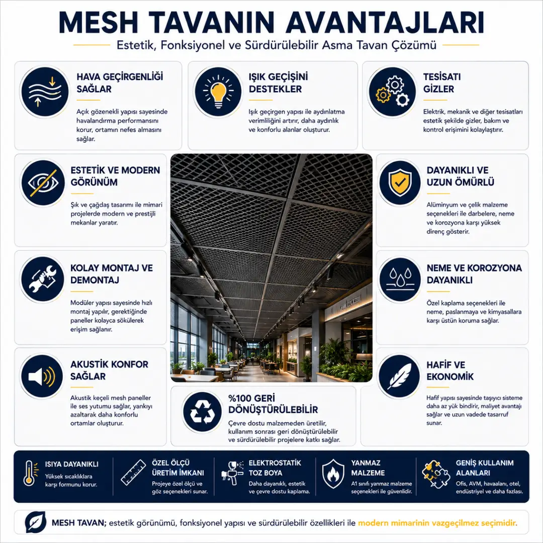 Mesh tavanın hava geçirgenliği, ışık geçirgenliği, yangın dayanımı, kolay bakım ve tesisat gizleme avantajlarını gösteren infografik&nbsp;