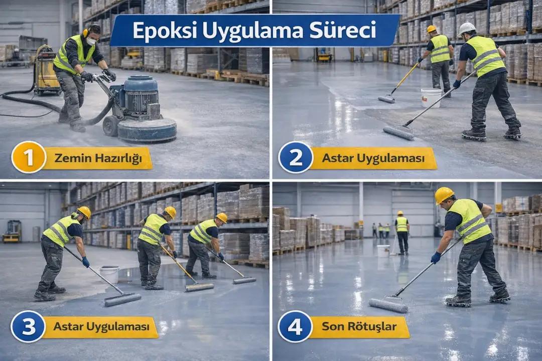 Epoksi zemin kaplama uygulama süreci astar ve son kat uygulama saha görüntüsü profesyonel ekip