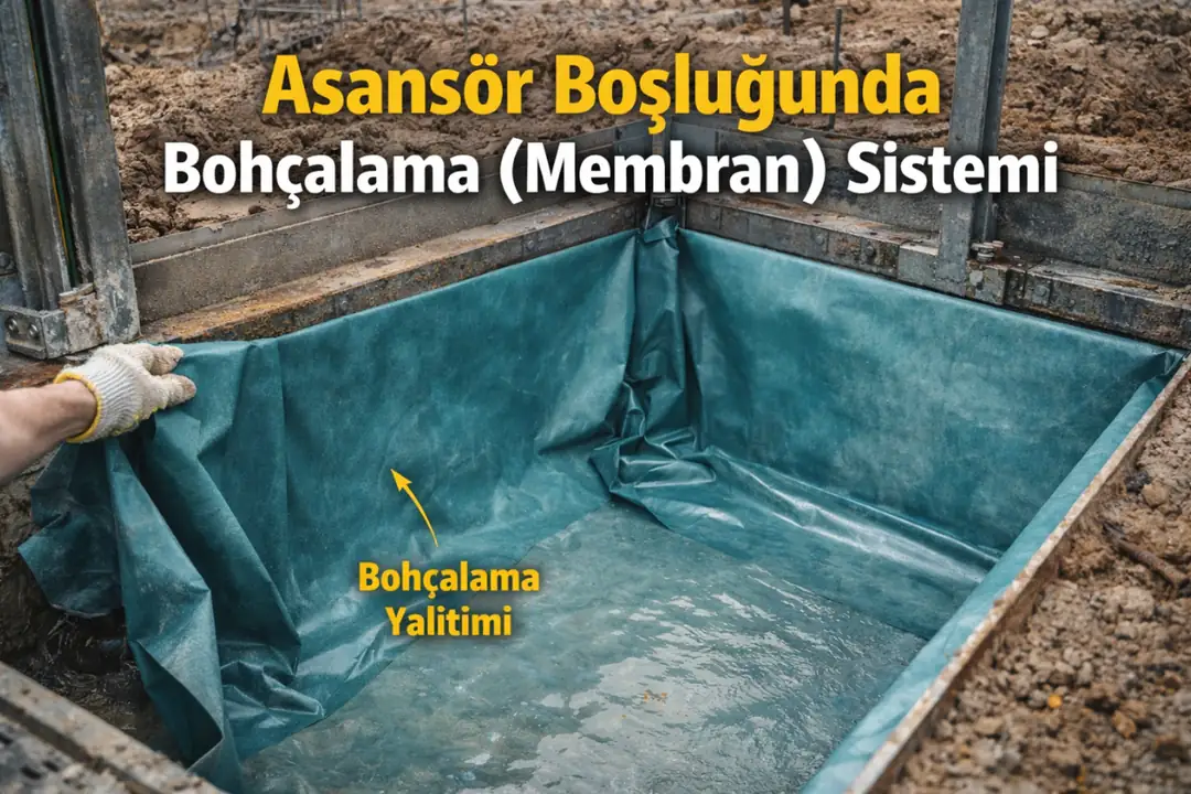 Asansör boşluğu bohçalama sistemi ve membran su yalıtımı detayı&nbsp;