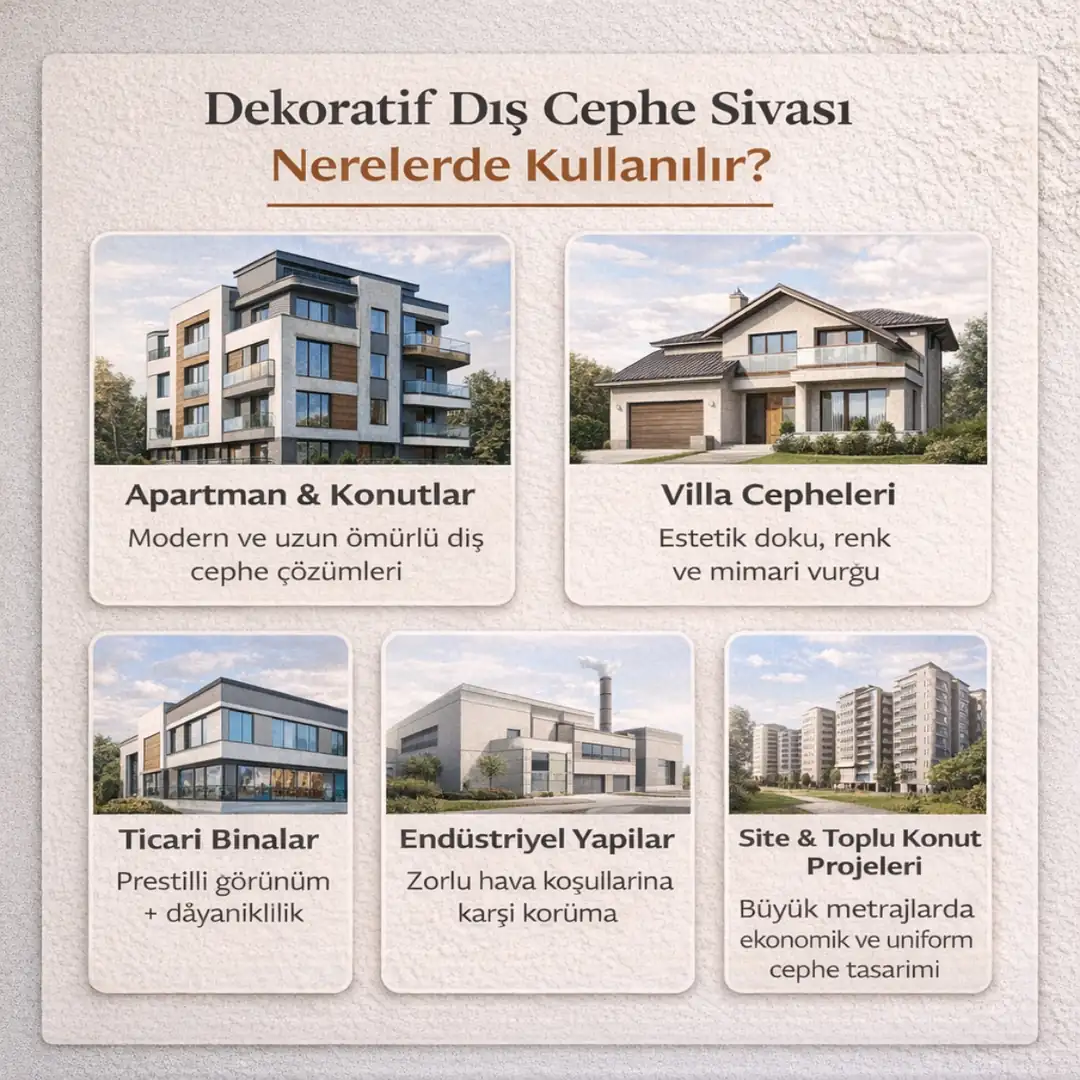 Dekoratif dış cephe sıvası kullanım alanları – apartman, villa, ticari ve endüstriyel bina cephe uygulamaları&nbsp;