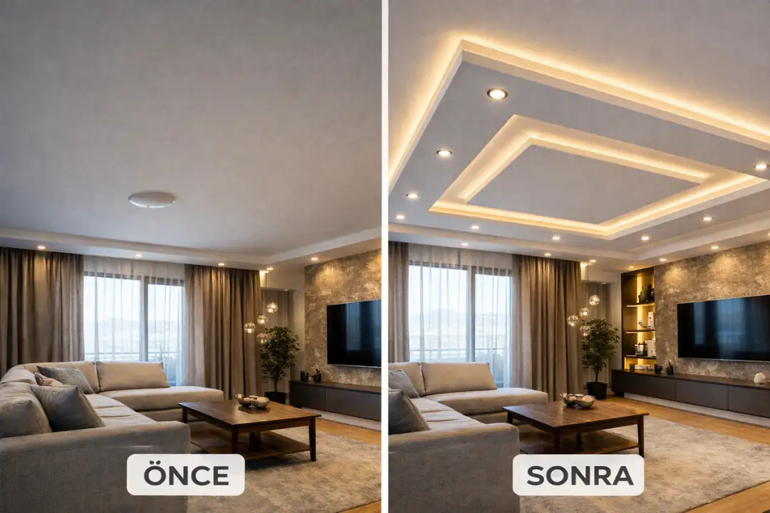 Alçıpan asma tavan uygulaması önce ve sonra görünüm