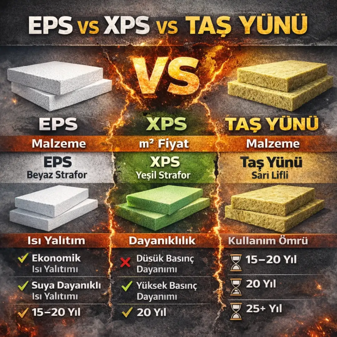 Mantolama sistemleri karşılaştırma EPS XPS taş yünü farkları fiyat performans ısı yalıtımı görseli&nbsp;