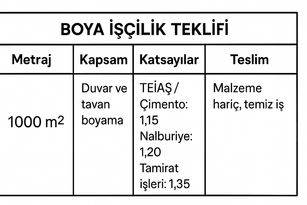 Boya işçilik teklif şablonu: metraj, kapsam, katsayılar ve teslim kriterleri özet tablosu. 