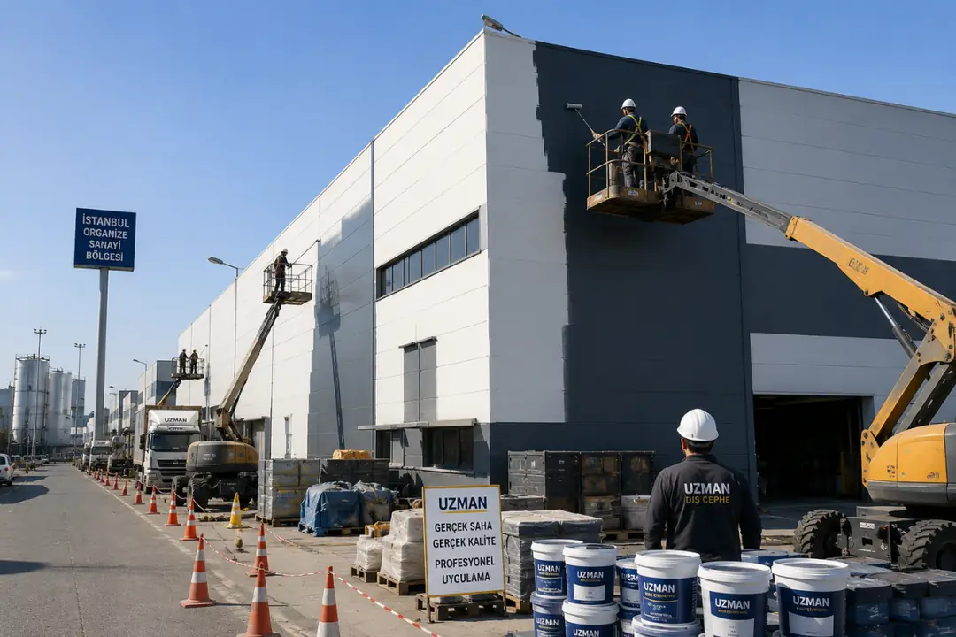 İstanbul OSB bölgesinde yüksek fabrika dış cephe boyama saha uygulaması&nbsp;