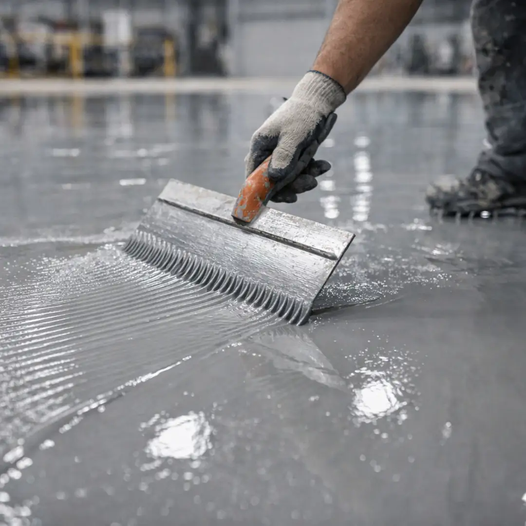 Self leveling epoksi zemin kaplama mala ile yayma işlemi&nbsp;