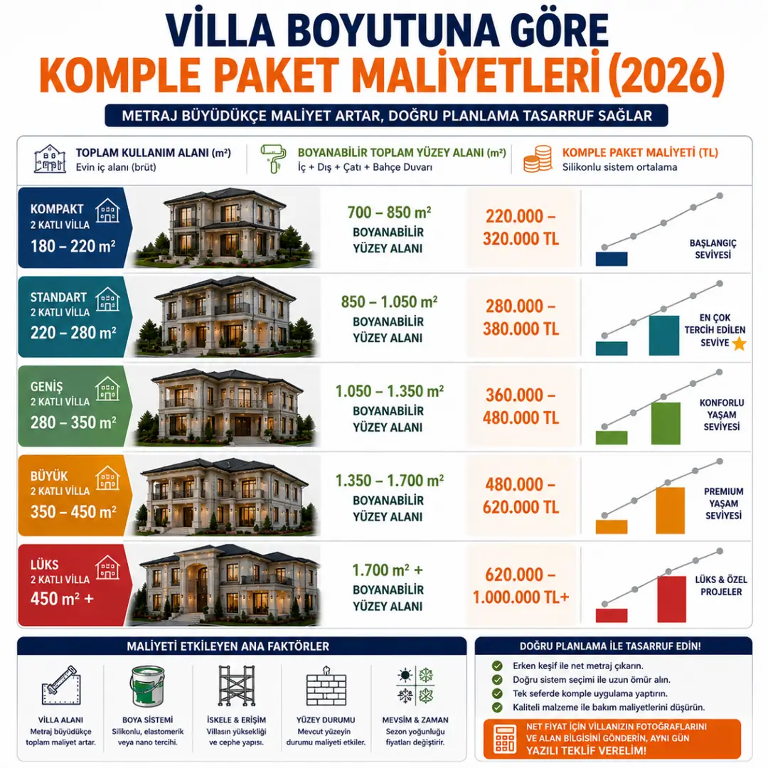 Villa büyüklüğüne göre 2 katlı villa boyama maliyet değişimi fiyat grafiği&nbsp;