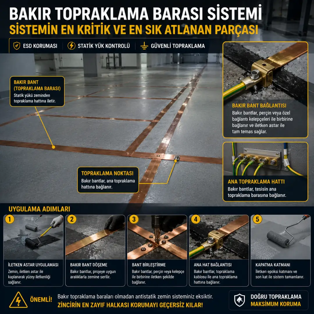 Antistatik epoksi zemin bakır topraklama barası uygulaması