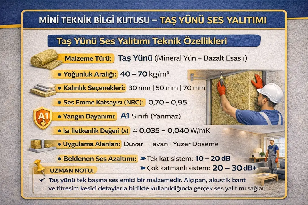 Taş yünü ses yalıtımı teknik özellikleri, yoğunluk, NRC değeri, yangın sınıfı ve ses azaltım performansı