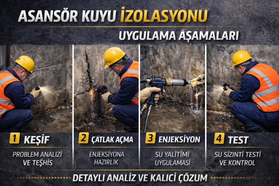 Asansör kuyu izolasyonu uygulama aşamaları infografiği