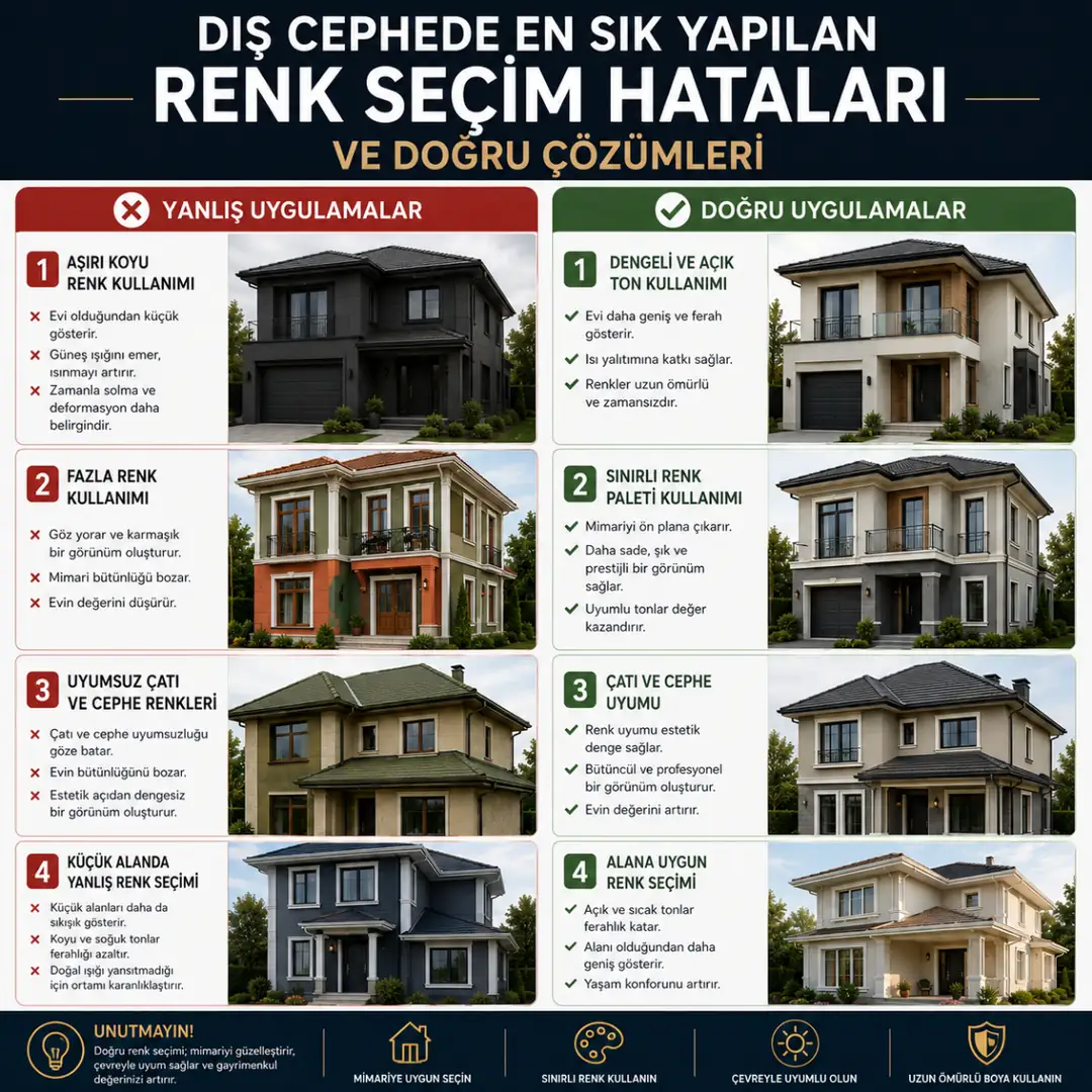 Müstakil ev dış cephe boya renklerinde yapılan yanlış ve doğru uygulama örnekleri
