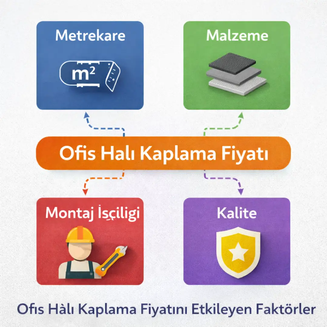 ofis halı kaplama fiyatını etkileyen faktörleri gösteren infografik&nbsp;