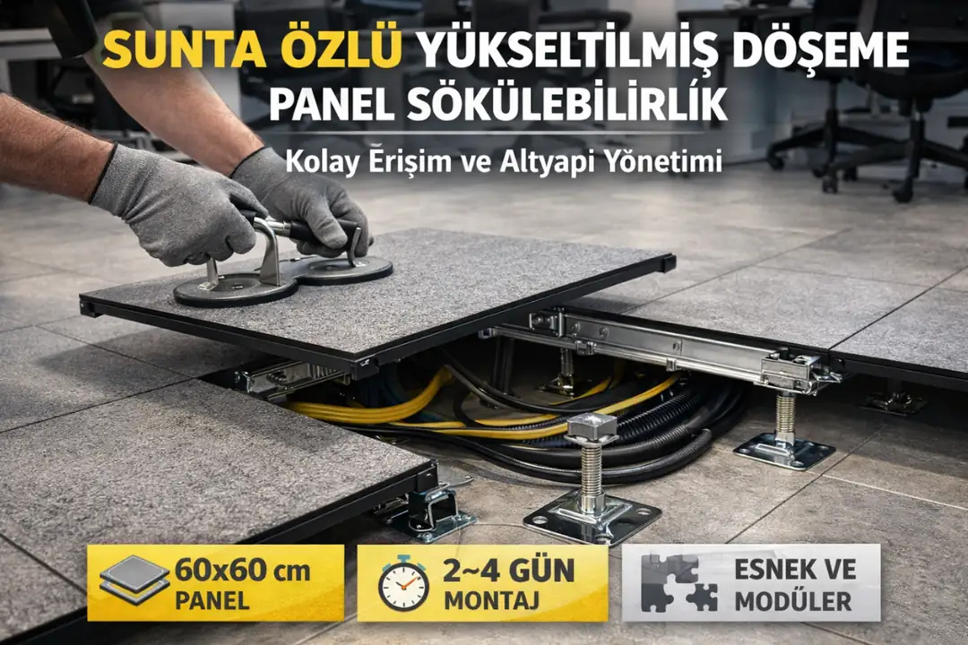 Sunta özlü yükseltilmiş döşeme panel sökülebilirlik ve altyapı erişimi