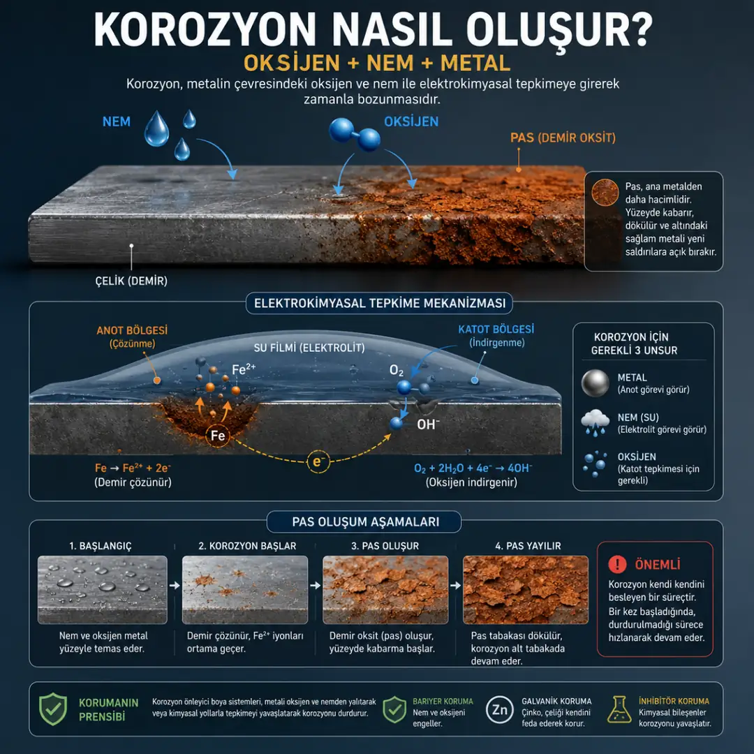 Çelik yüzeyde oksijen ve nem etkisiyle oluşan korozyon süreci