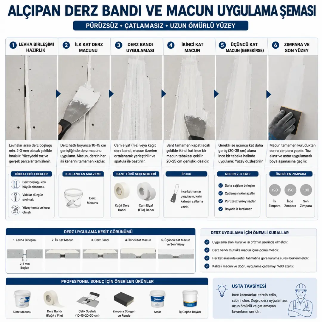 Alçıpan derz bandı ve macun uygulama katmanları&nbsp;