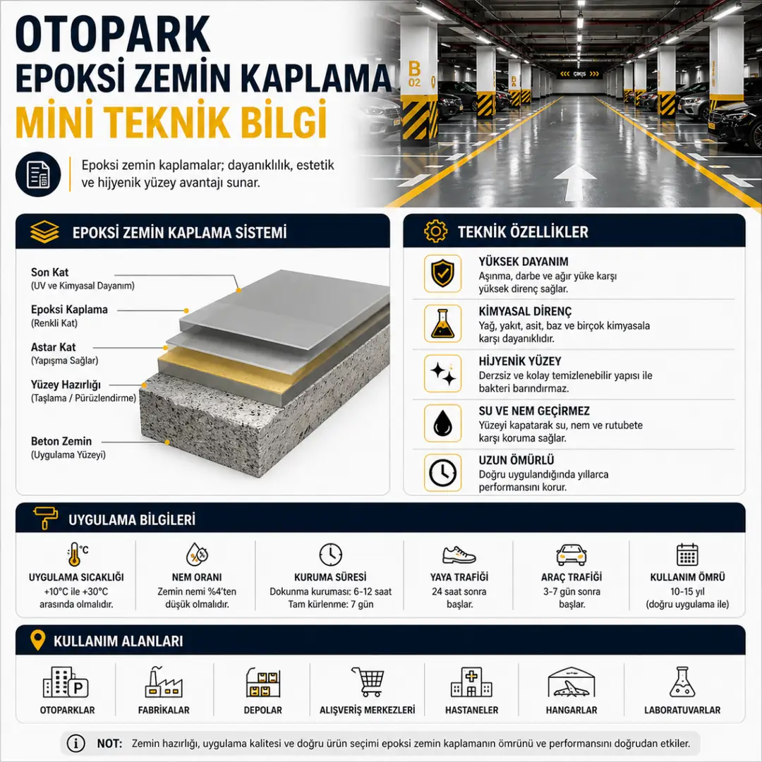 Otopark epoksi uygulama teknik bilgileri kuruma süresi trafik açılışı ortam ısısı nem oranı ve ömür&nbsp;