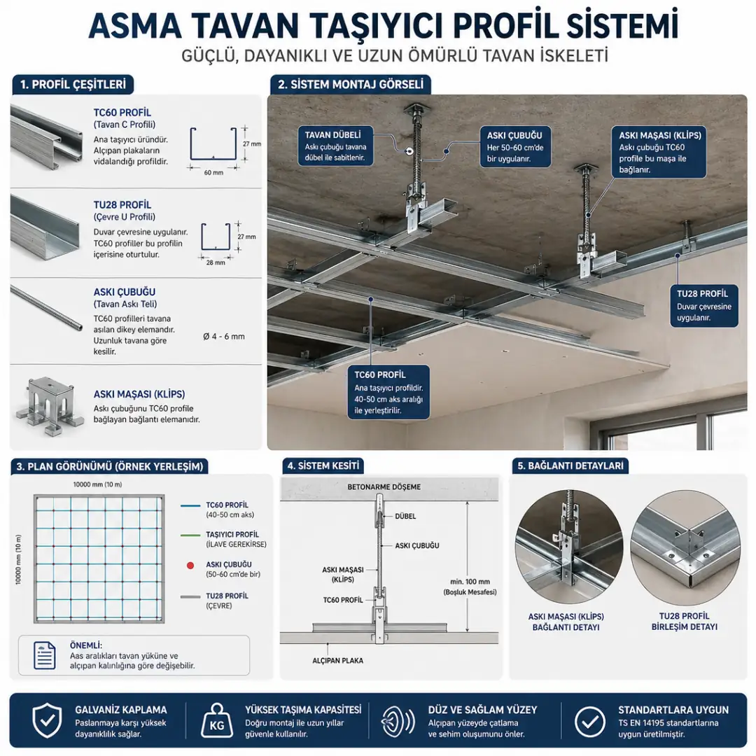 Asma tavan taşıyıcı sistem TC60 ve TU28 profilleri galvaniz çelik tavan iskeleti&nbsp;