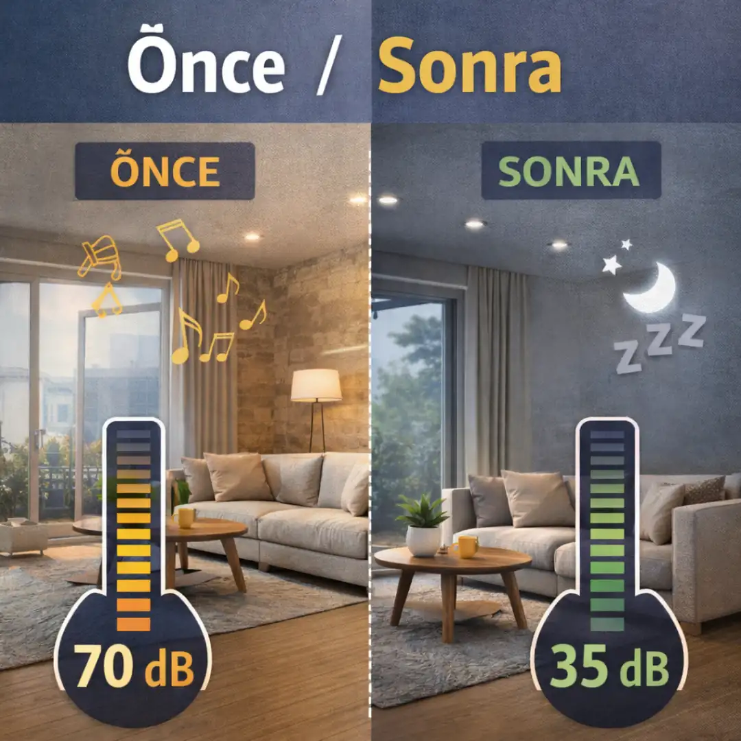 Ses yalıtımı öncesi gürültülü ve sonrası sessiz apartman dairesi karşılaştırma görseli