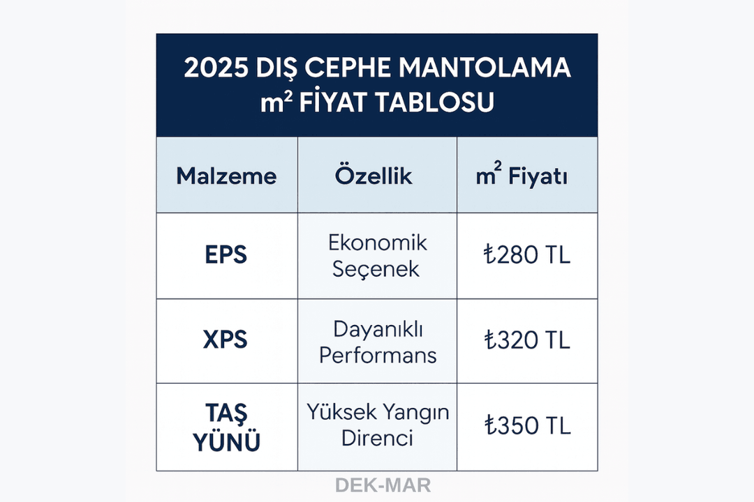 2025 dış cephe mantolama m² fiyat tablosu – EPS, XPS, taş yünü karşılaştırması