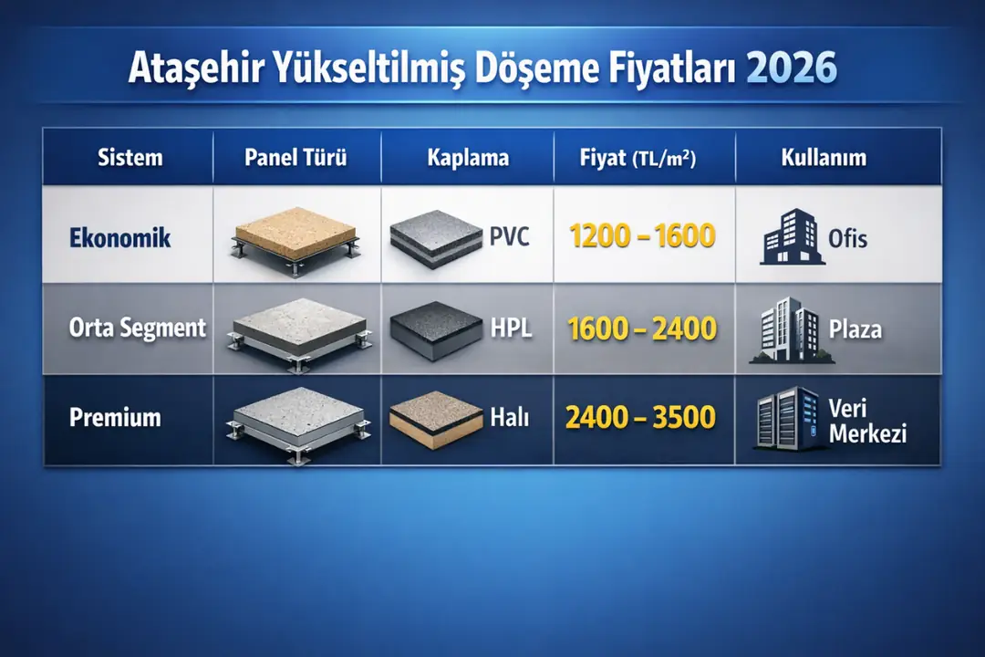 Ataşehir yükseltilmiş döşeme fiyatları 2026 – sunta, beton özlü ve kalsiyum sülfat panel sistemlerine göre m2 fiyat karşılaştırması