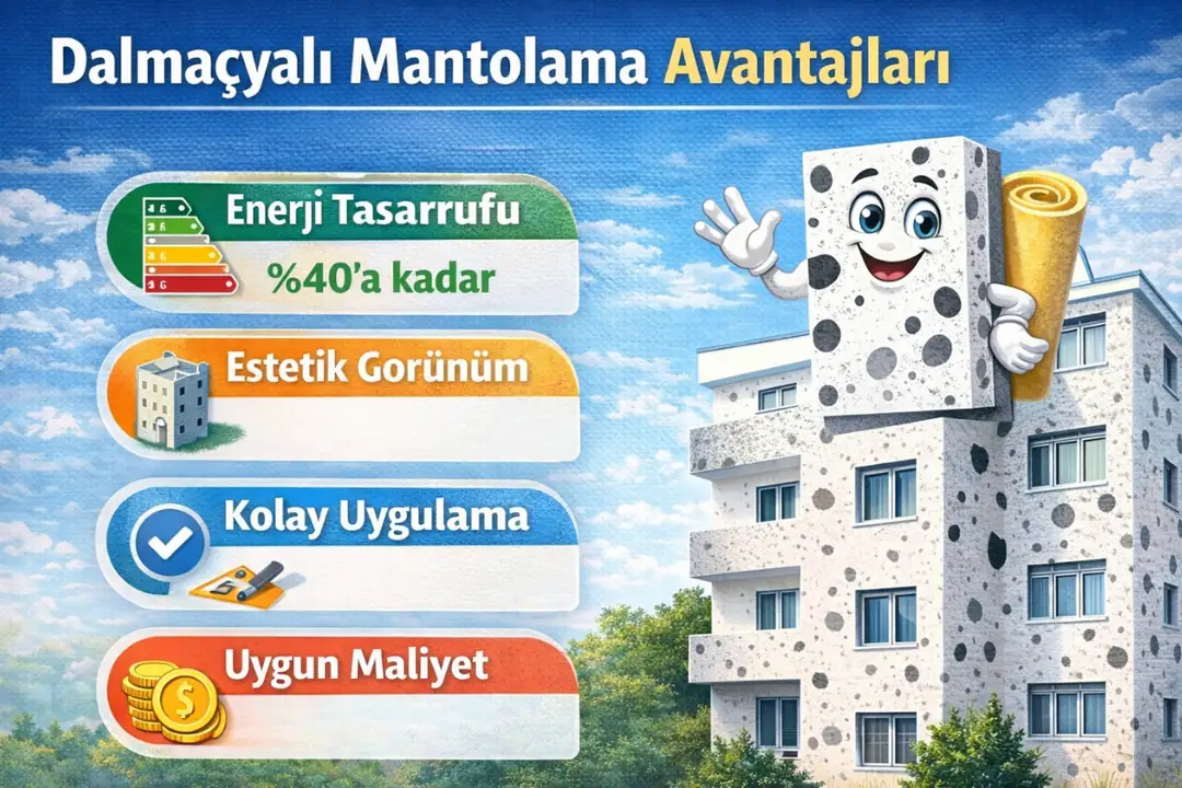 Dalmaçyalı mantolama avantajları; %40’a varan enerji tasarrufu, estetik görünüm, kolay uygulama ve uygun maliyet