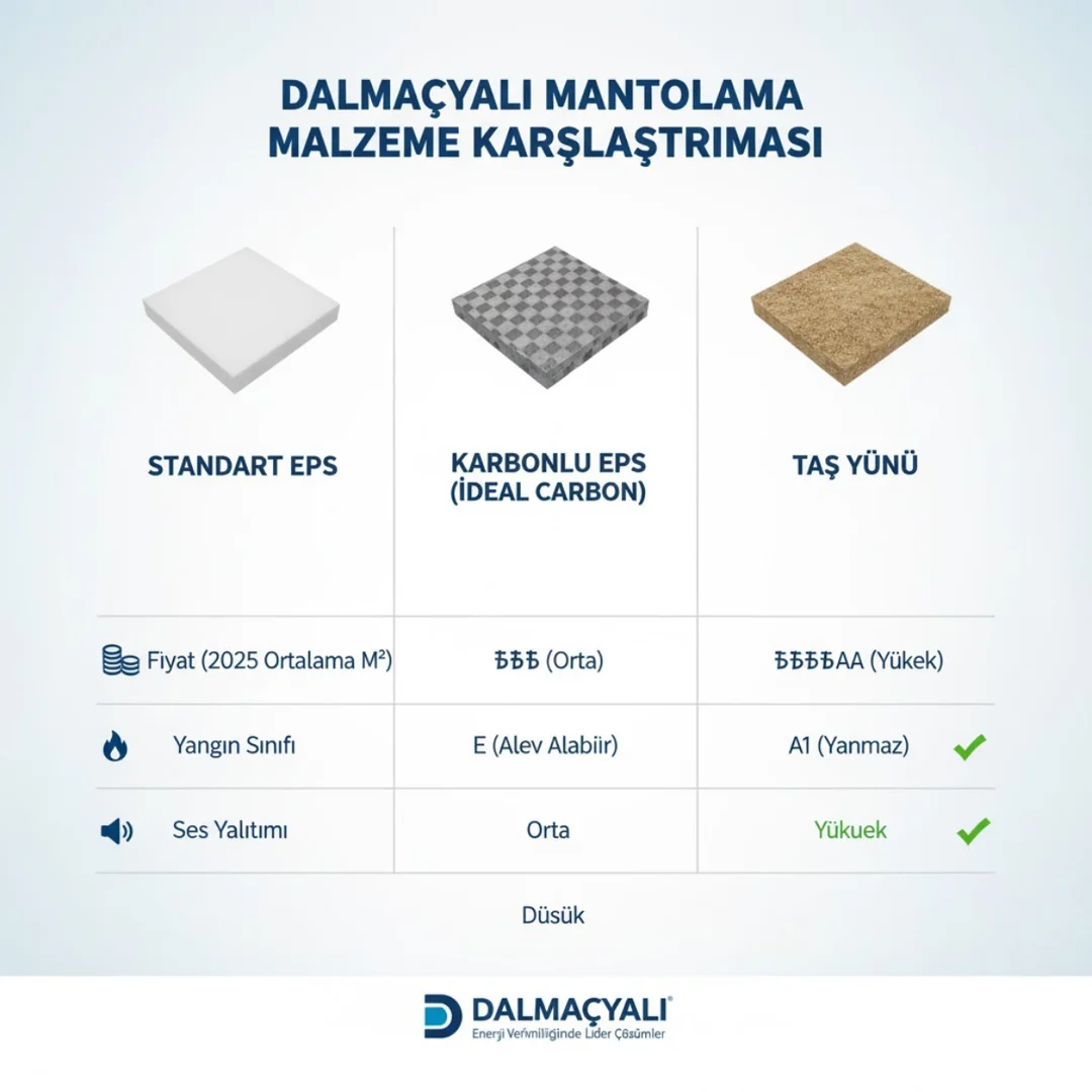 Dalmaçyalı mantolama için Standart EPS, Karbonlu EPS (İdeal Carbon) ve Taş Yünü levhalarının 2025 fiyat, yangın sınıfı ve ses yalıtımı özelliklerinin karşılaştırmalı infografiği. 