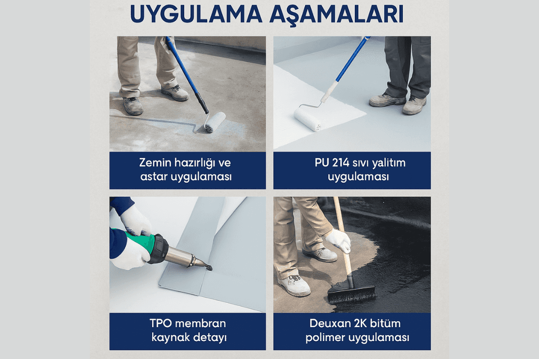 Teras ve çatı su yalıtımı uygulama aşamaları – yüzey hazırlığı, poliüretan kaplama, TPO membran kaynak, Deuxan 2K bitüm sistemi.