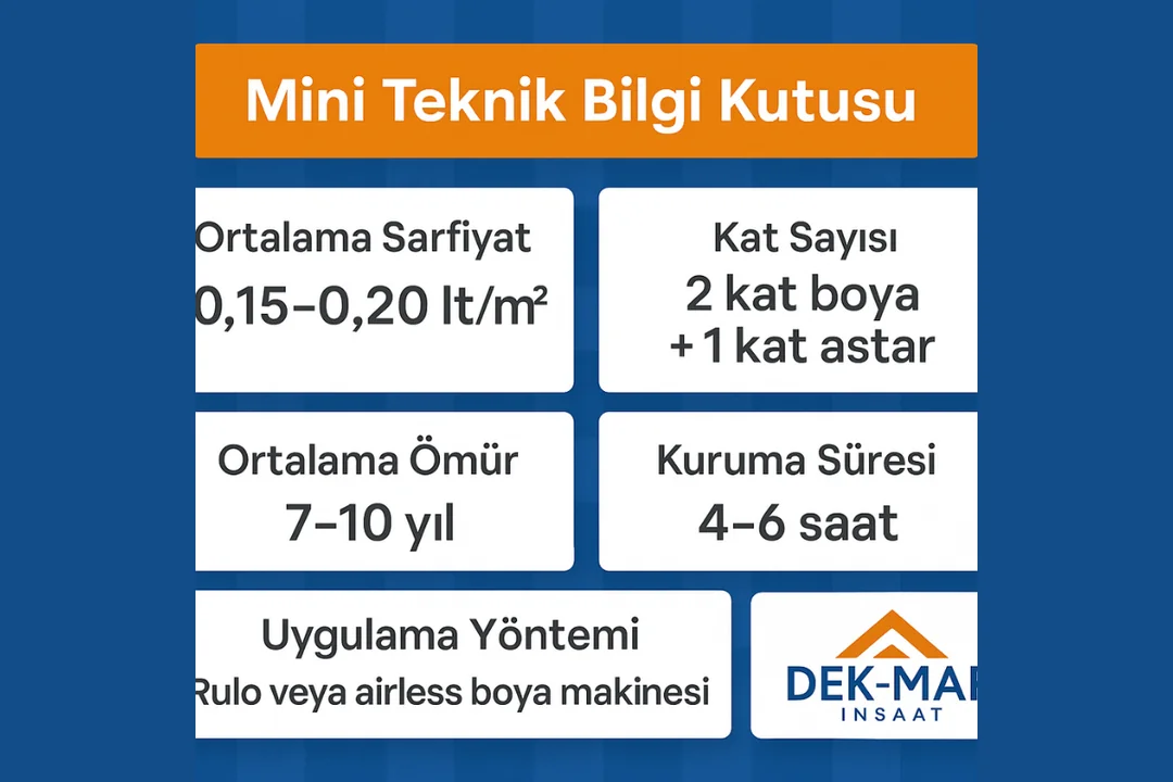 5 katlı bina dış cephe boya teknik bilgileri; sarfiyat, kat sayısı, ömür, kuruma süresi ve uygulama yöntemi