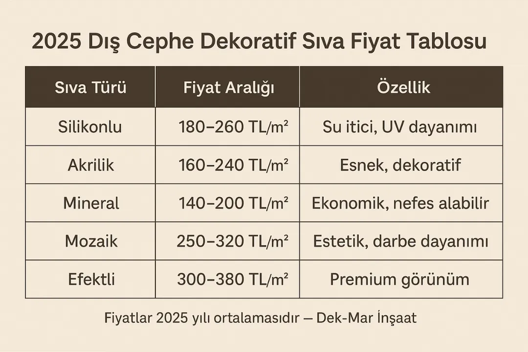 2025 dış cephe dekoratif sıva fiyat tablosu – silikonlu, akrilik, mineral sıva m2 fiyatları