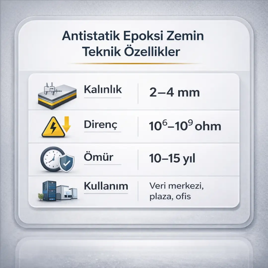 Antistatik epoksi zemin teknik özellikleri kalınlık direnç değerleri kullanım alanları ve sistem ömrü